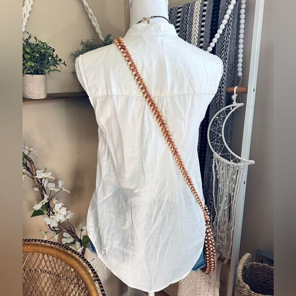 Burning Torch Bohemian White Button Down Sleeveless Oversized Pocket Blouse - Picture 8 of 12